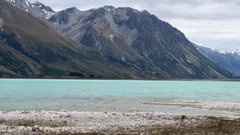 pájaros volando a baja altura sobre el agua turquesa del lago alpino en nueva zelanda