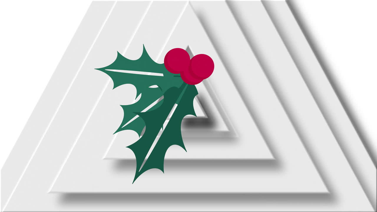 Holly leaves and berries creating animation over white geometric background