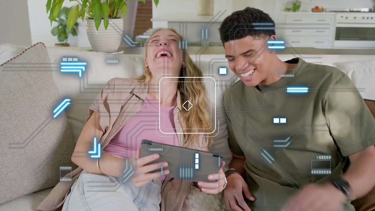 Woman holding tablet, man leaning in tapping, activating blue HUD graphics and exploring tech app