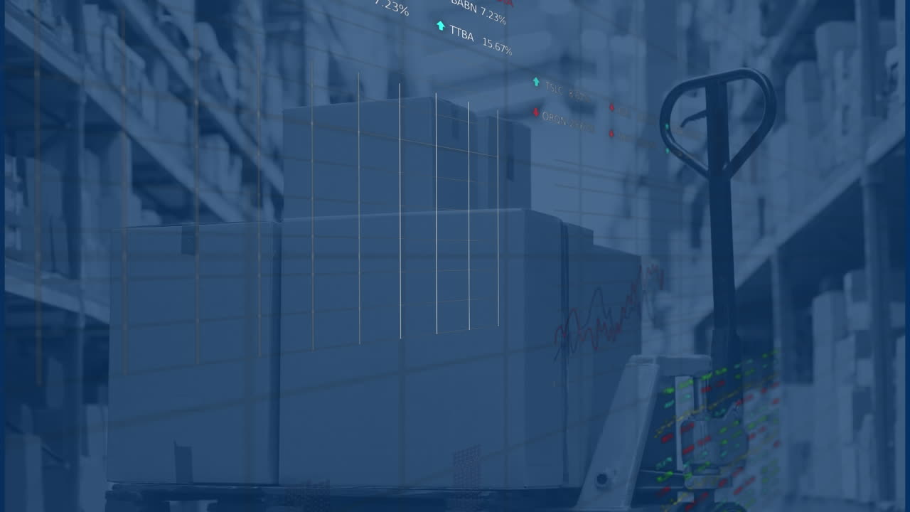 Animazione di elaborazione dati e statistiche su carrello elevatore in magazzino.