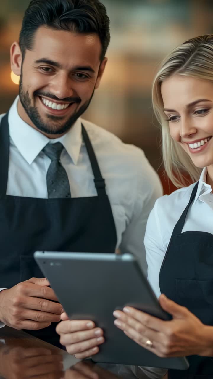 Vertical video: Presenting tablet, woman and man leaning in approving order at counter, aprons