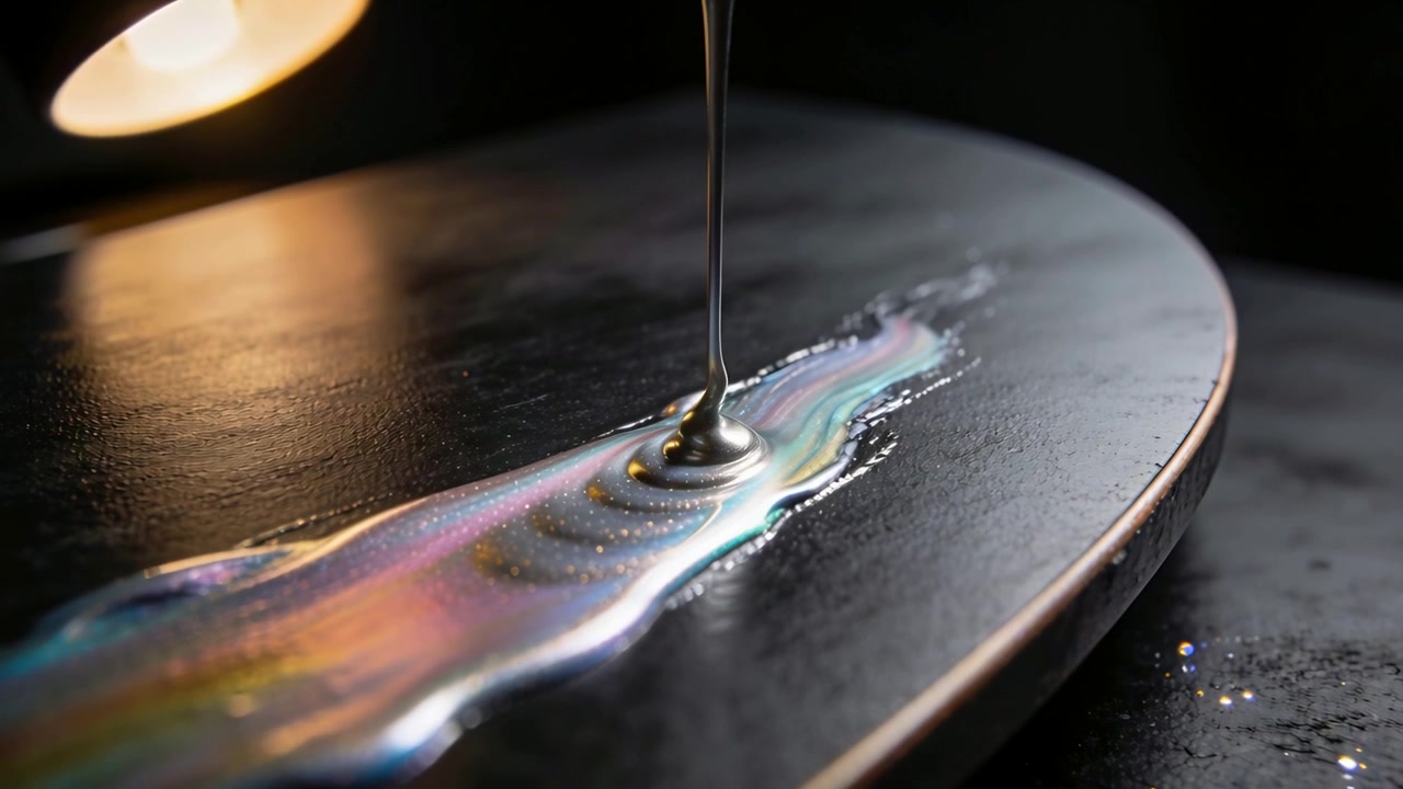 Pouring iridescent liquid hitting curved board, forming rings, making beads right