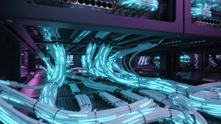 Sala server illuminata con cavi luminosi e apparecchiature digitali: un paesaggio tecnologico che mostra moderne soluzioni di archiviazione dati e apparecchiature di connettività.