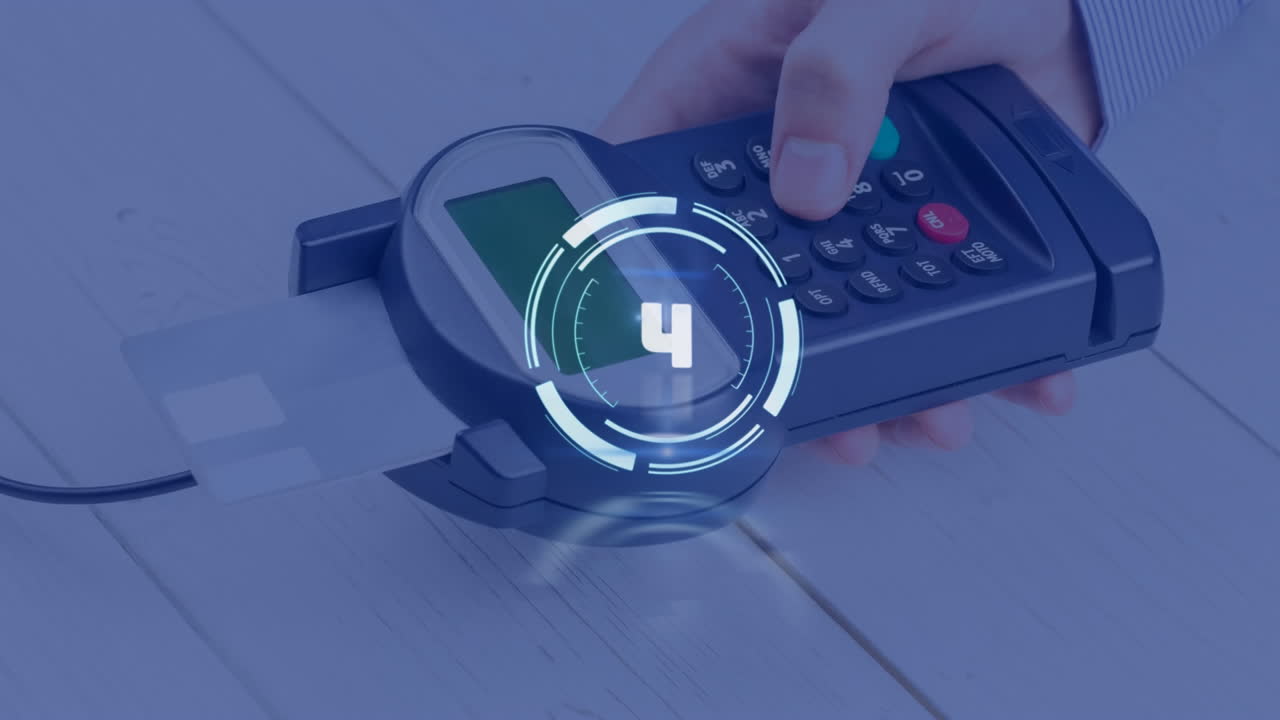 Animation of scope scanning with countdown over payment terminal