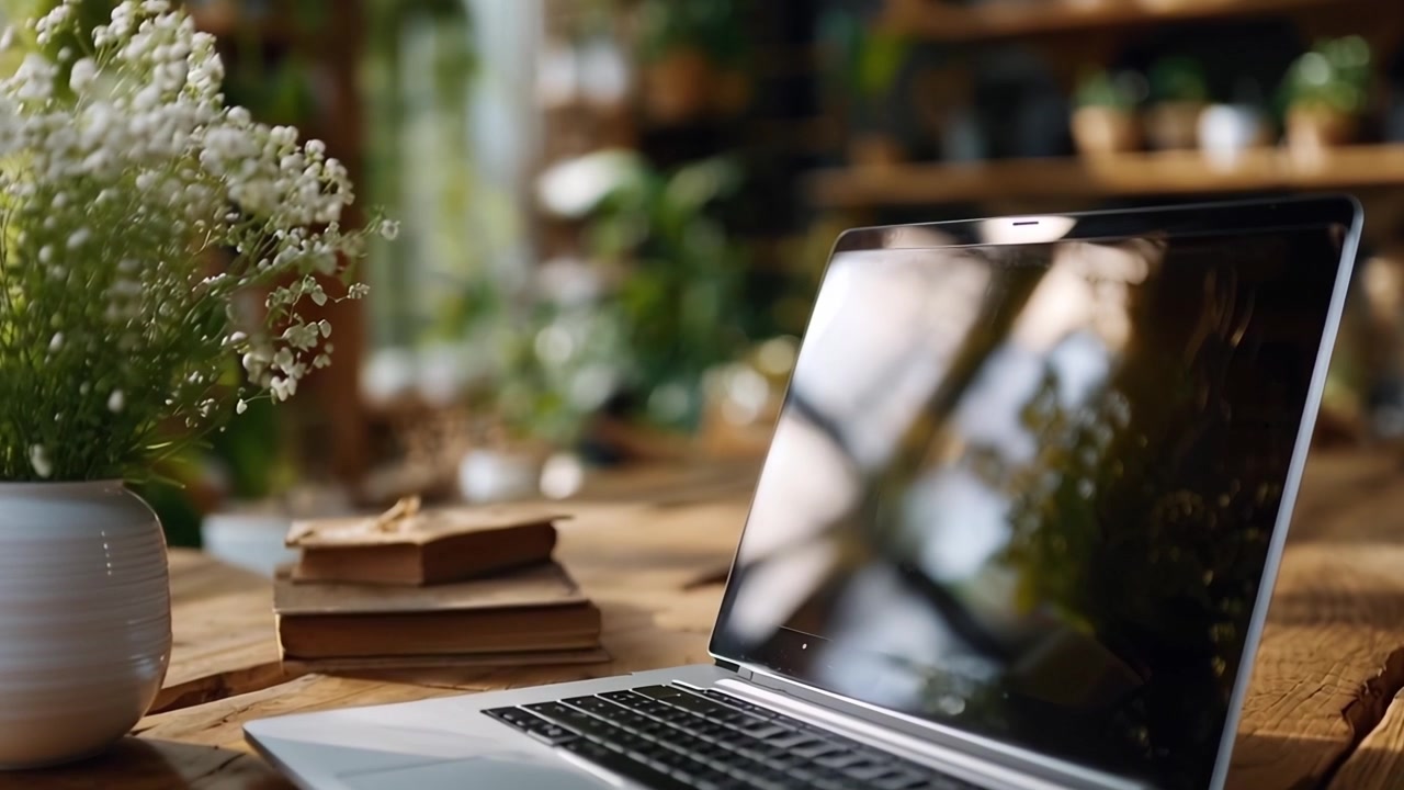 Laptop on Wooden Desk with Flowers and Books in a Green Environment