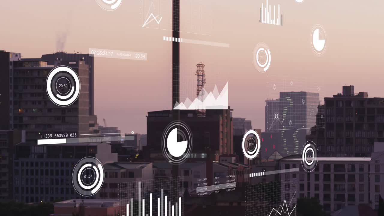 animación de múltiples gráficos, barras de carga y círculos sobre edificios modernos contra el cielo