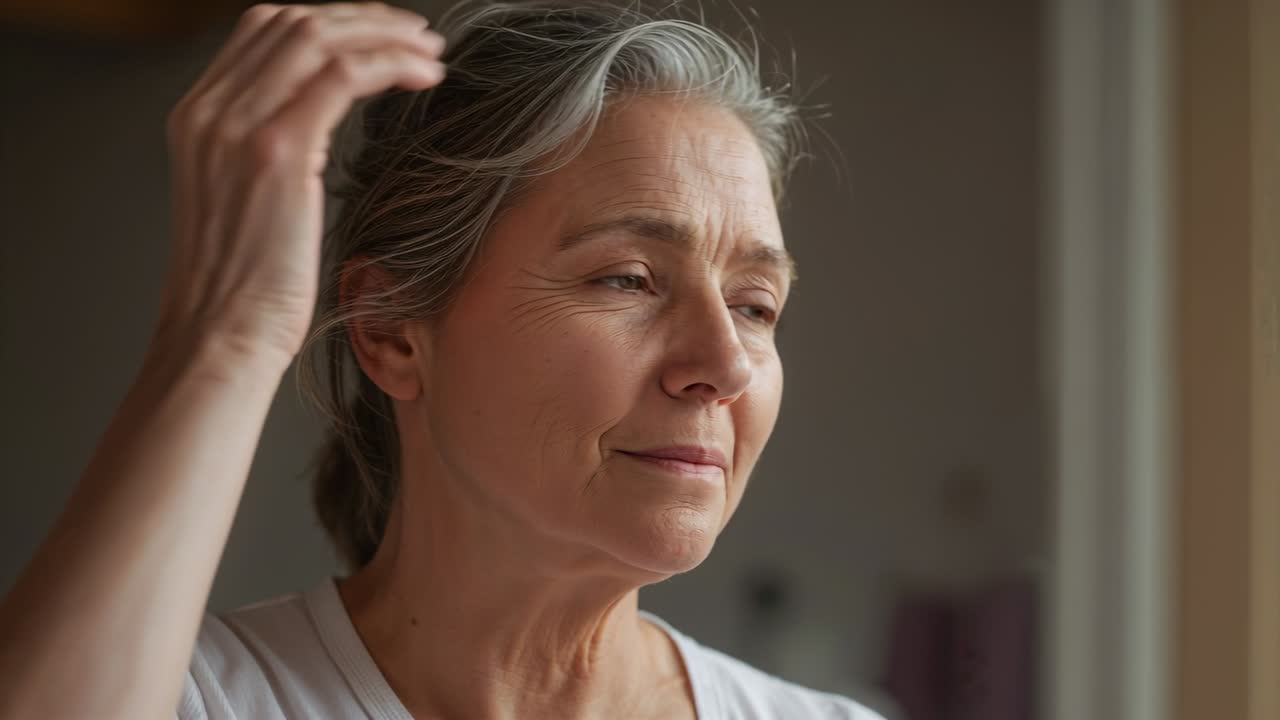 Mujer mayor mirando por la ventana en casa, arreglándose y alisándose el cabello gris para ordenarlo, vistiendo una camiseta.