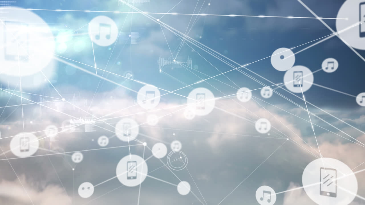 구름이 있는 하늘 위의 아이콘으로 연결된 네트워크의 애니메이션