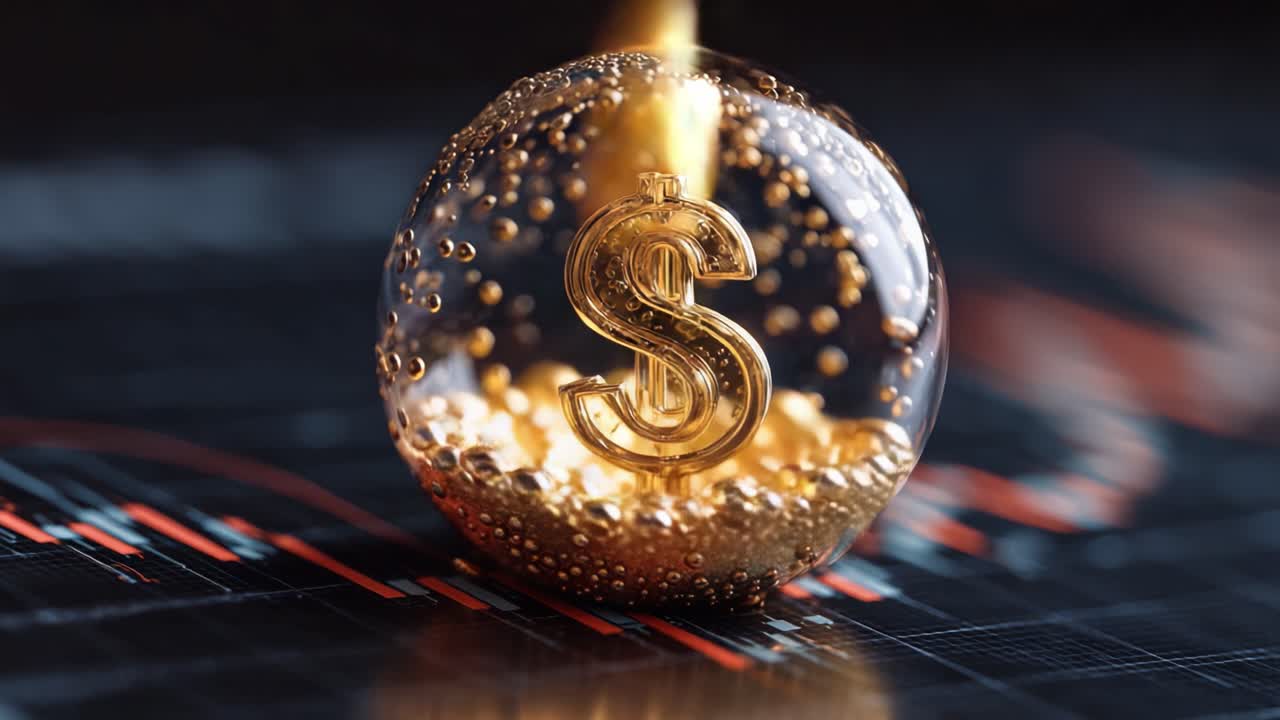 A Close-Up Exploration of a Golden Dollar Sign Encased in a Bubbly Sphere, Symbolizing Wealth and Financial Growth Against a Background of Market Trends