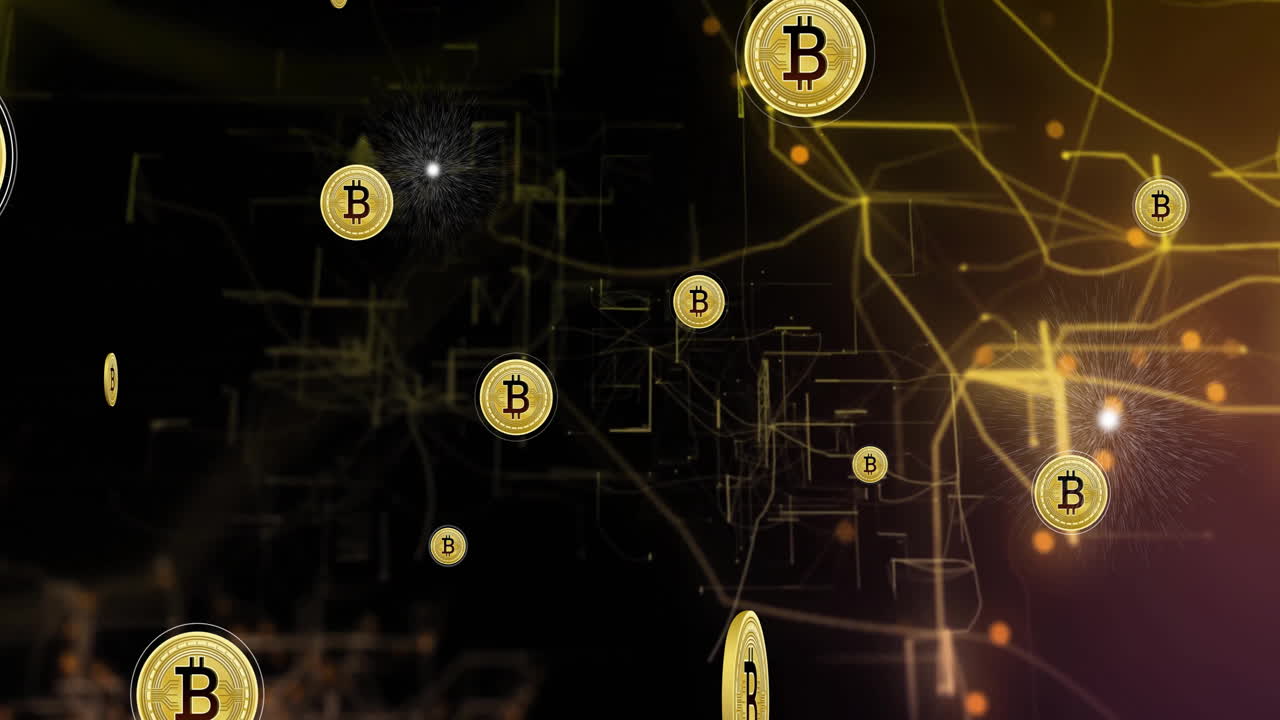 비트코인 아이콘의 애니메이션, 연결 네트워크를 통해 디지털 데이터 처리