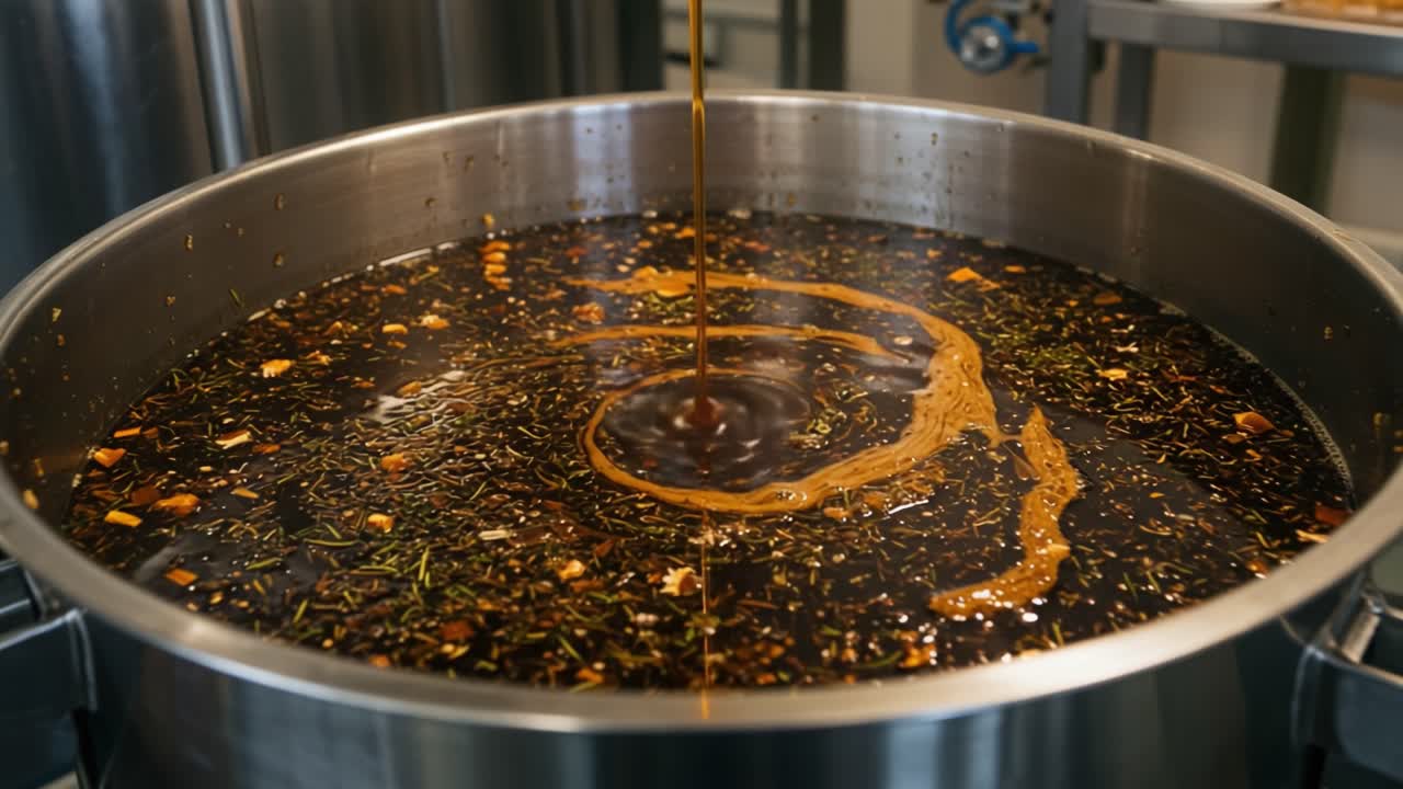 A Close-Up Look at a Large Pot of Simmering Liquid Extract, Showcasing the Richness and Flavor from Various Ingredients in a Culinary Process