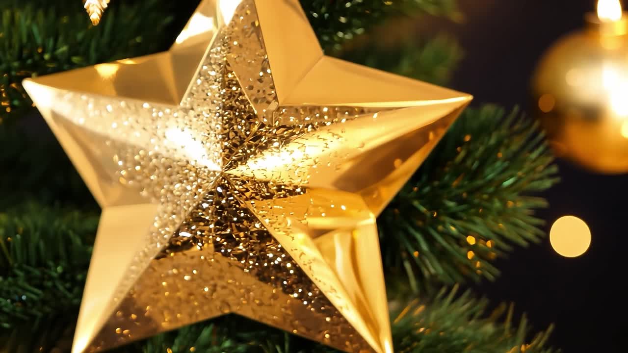 크리스마스 트리 에 있는 황금 별 크리스마스 장식품 의 근접 사진