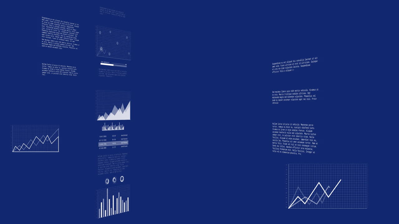 animación de lenguaje informático y múltiples gráficos y datos sobre fondo azul