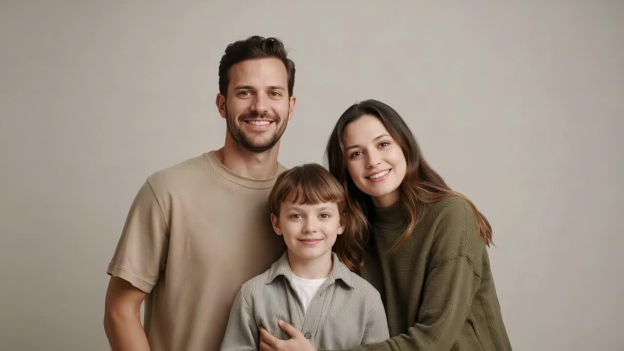 Famiglia in posa di fronte alla macchina fotografica in uno studio beige, donna che chiude gli occhi e poi sorride per il ritratto