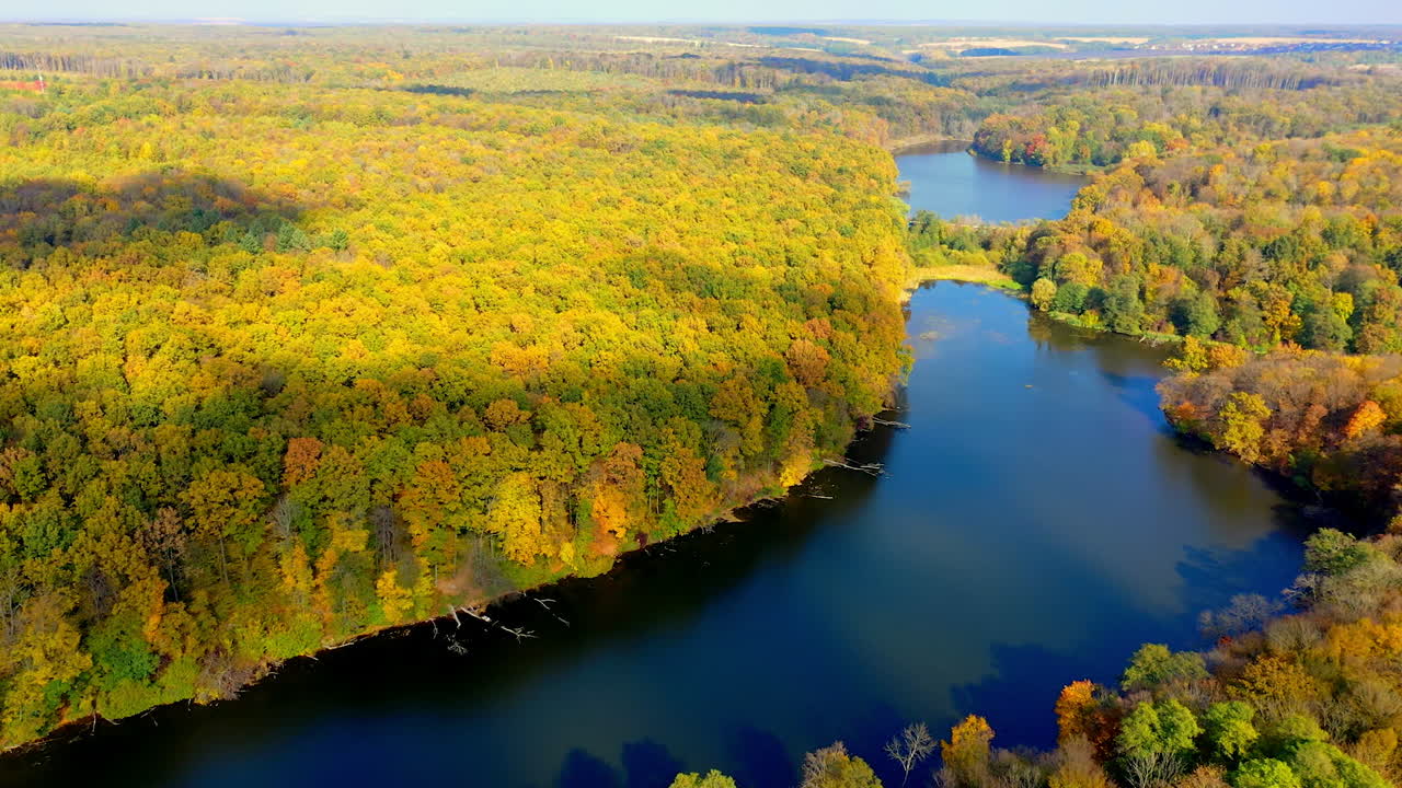 가을의 숲과 호수 공중 사진