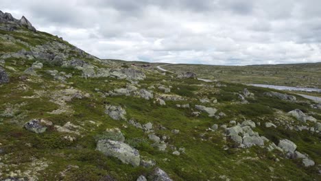 revelando la autopista rv7 sobre la meseta de la montaña hardangervidda - carretera que cruza montañas entre el este y el oeste en noruega - antena cerca del suelo rocoso
