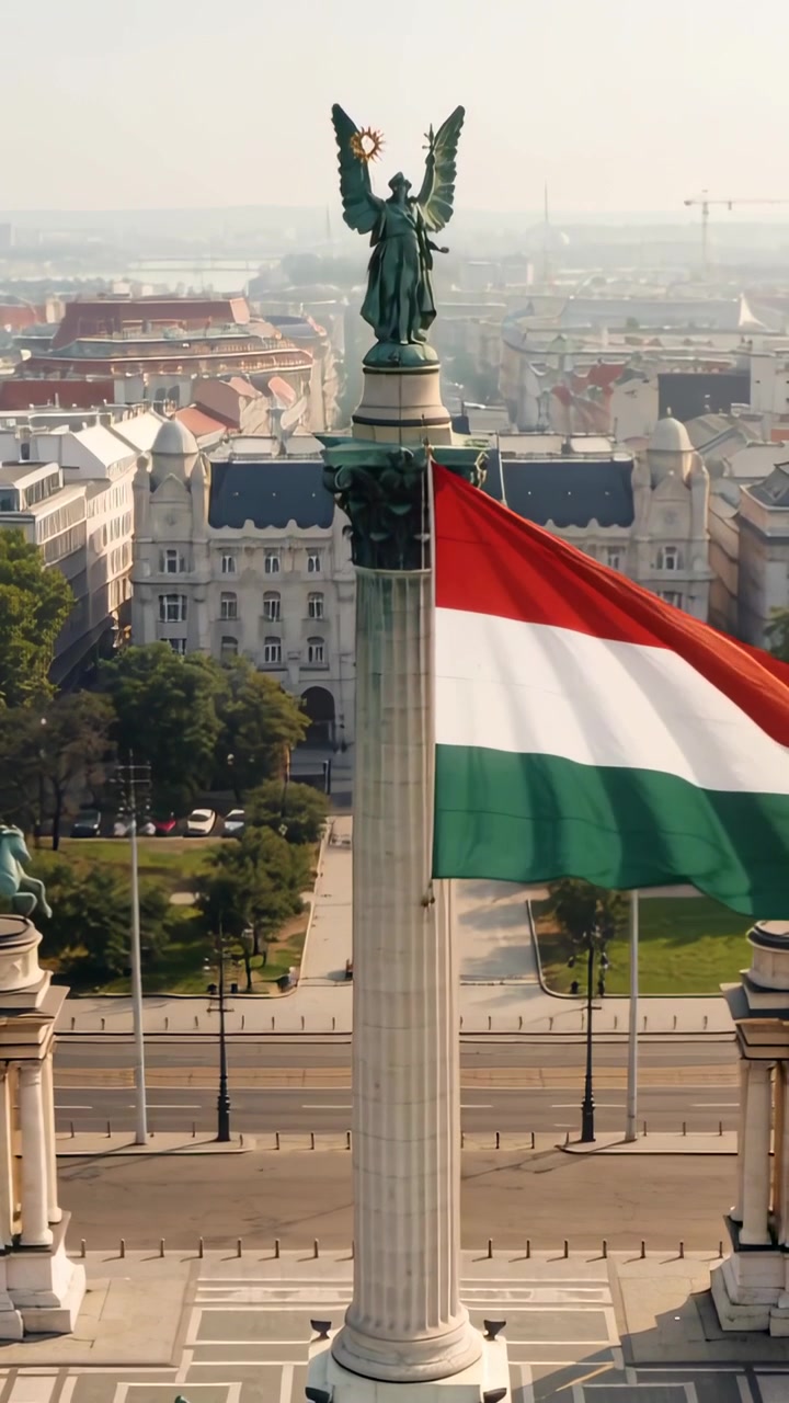 Video verticale: Raffiche di vento che fanno sventolare una bandiera tricolore accanto a una colonna sormontata da una statua alata in piazza.