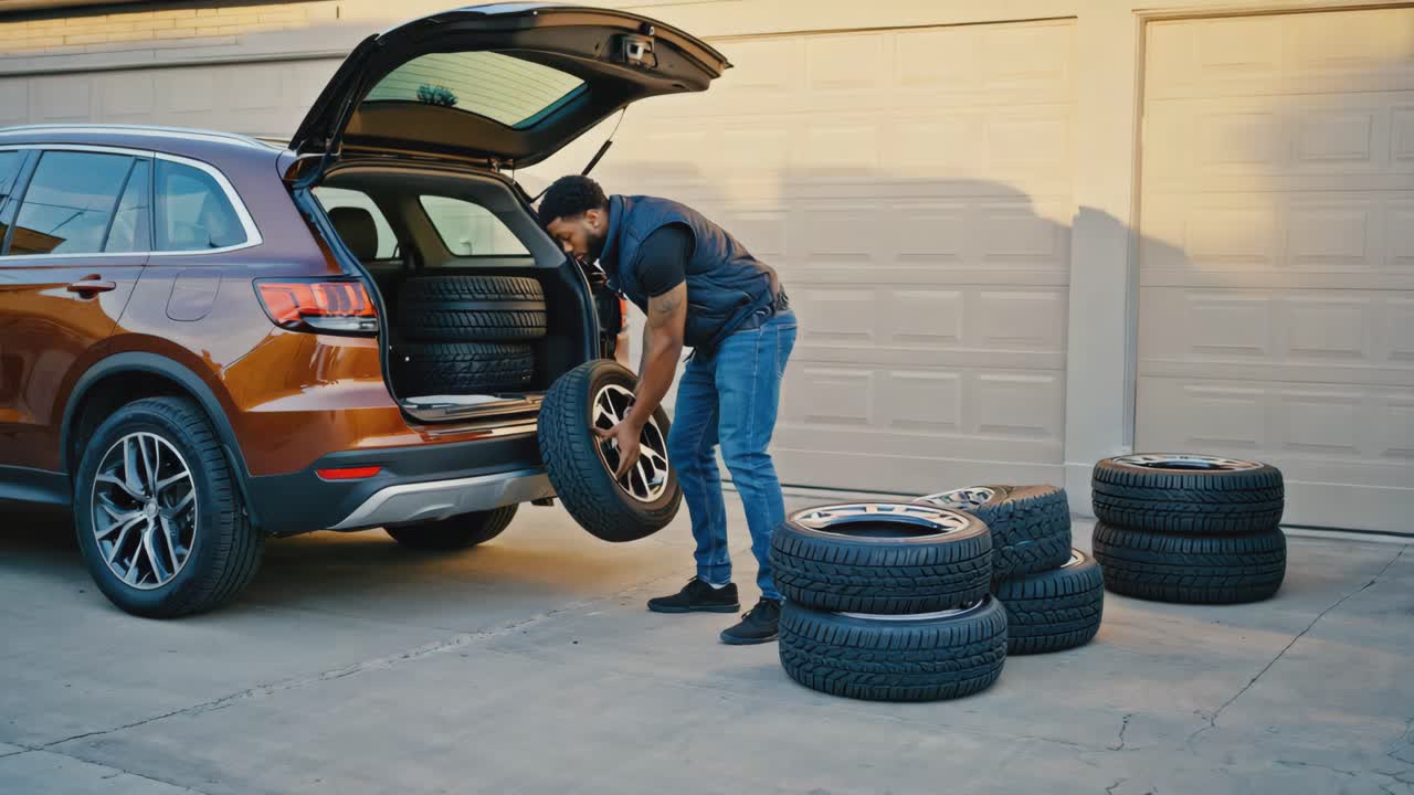 Man loading tires into car trunk