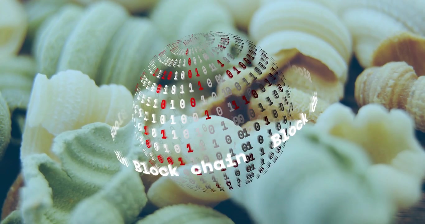 Digital Blockchain Globe Rotating Over Uncooked Pasta Background