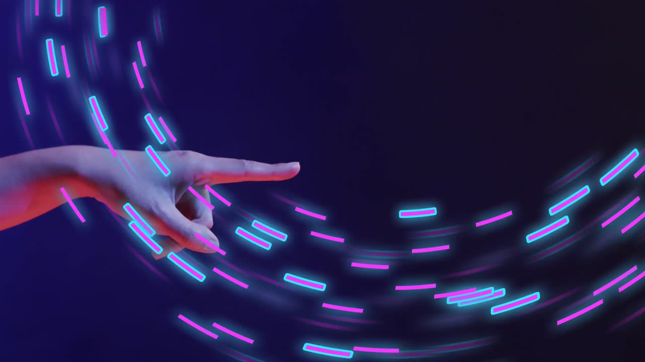 Animation of glowing light trails of data transfer and asian woman's hand
