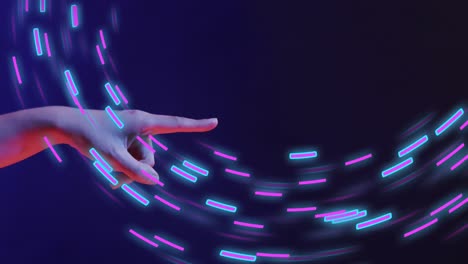 animation of glowing light trails of data transfer and asian woman's hand