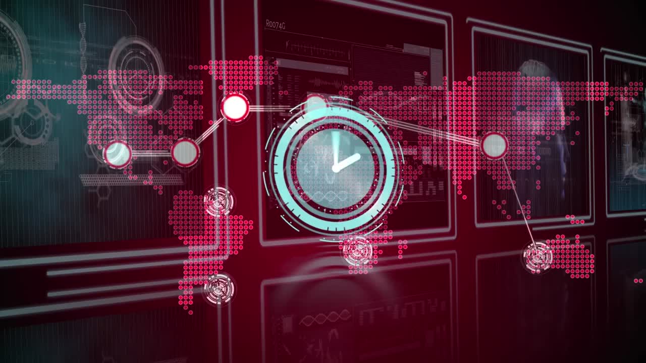 Animation of clock moving over world map on red background