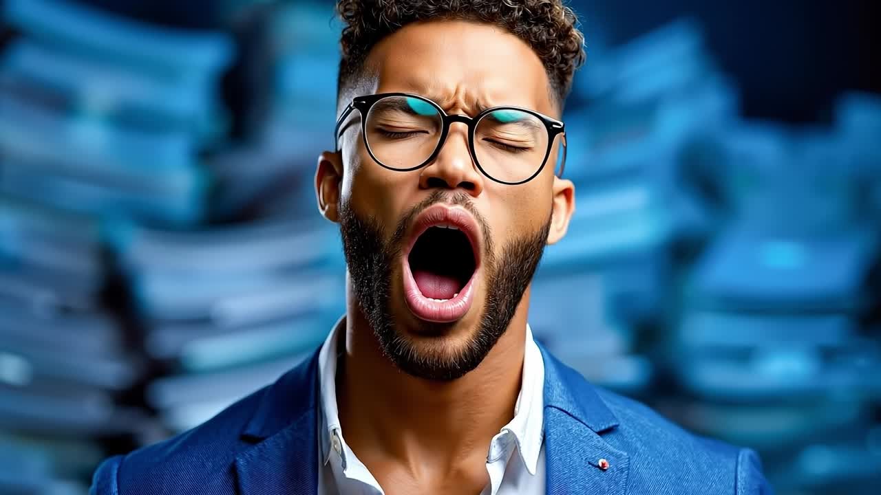 A man in a blue suit and glasses yawning in front of a pile of books