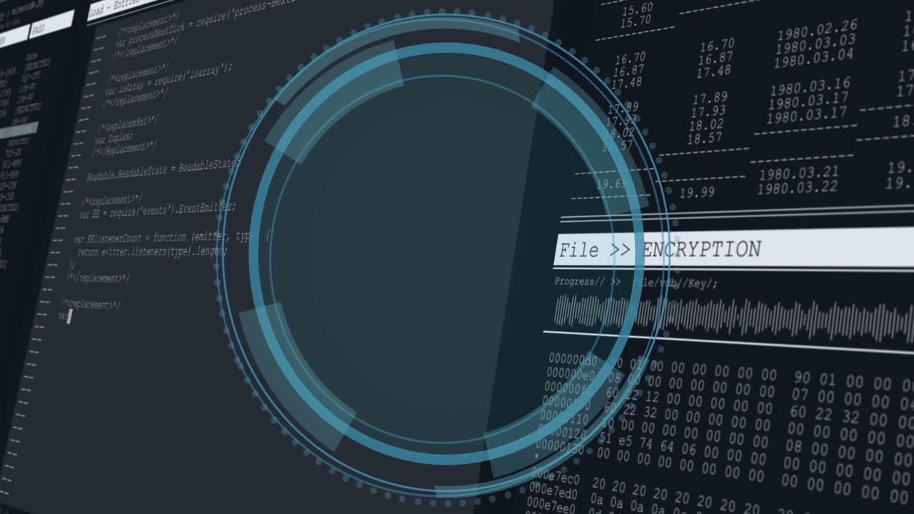 Faint shield outline initiating HUD ring rotating as code loading and data updating for encryption