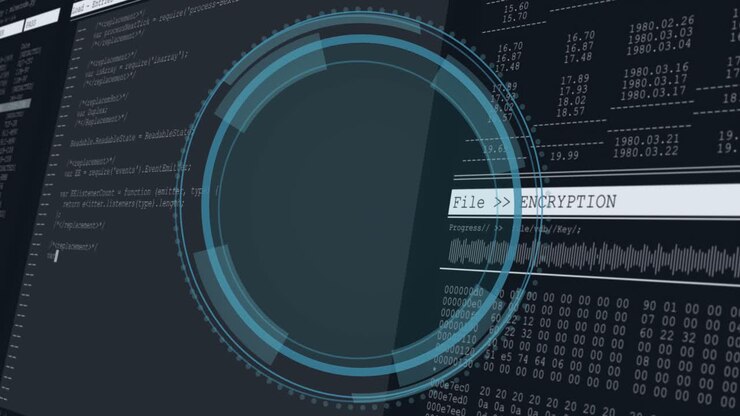 Faint shield outline initiating HUD ring rotating as code loading and data updating for encryption