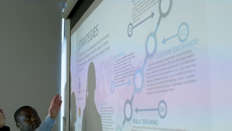 mid aged woman in eyeglasses standing at whiteboard and explaining business presentation at meeting in dark office