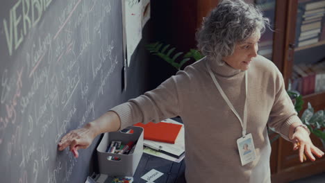 english teacher explaining examples written on blackboard during class