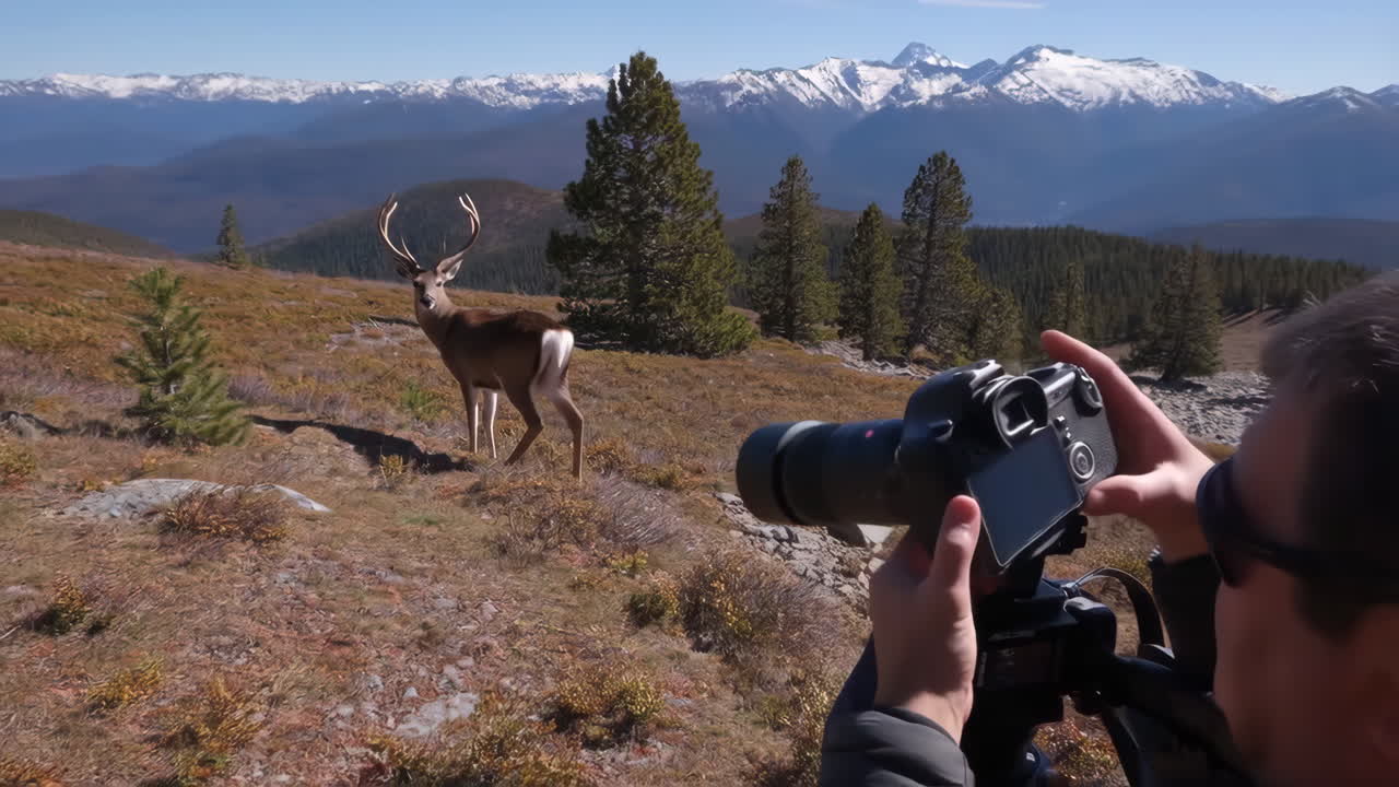 A person photographing a deer in a mountainous landscape