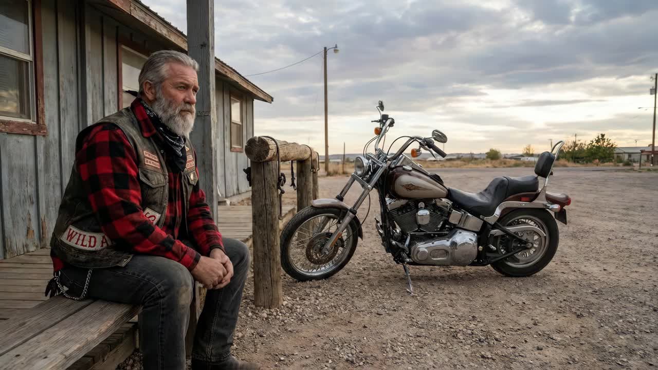 An old biker sitting on a bench in the desert next to his motorcycle