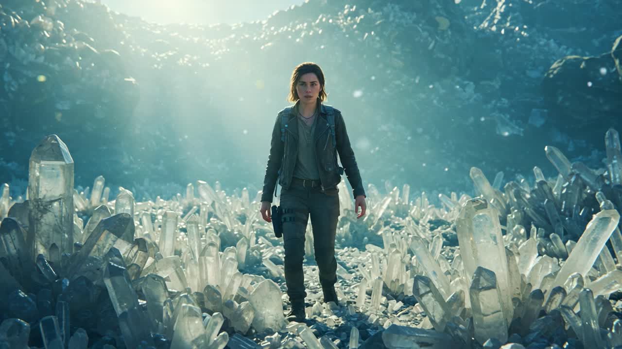 A brave explorer stands amidst a dazzling field of luminous crystals, embodying resilience and determination in a mystical landscape illuminated by ethereal light