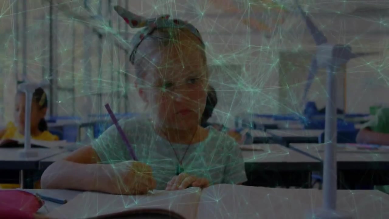 Vertical video: Class starting girl writing book using purple pencil doing work under web overlay