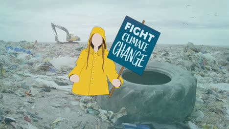 Animation-of-caucasian-girl-with-fight-climate-change-placard-over-rubbish-at-landfill