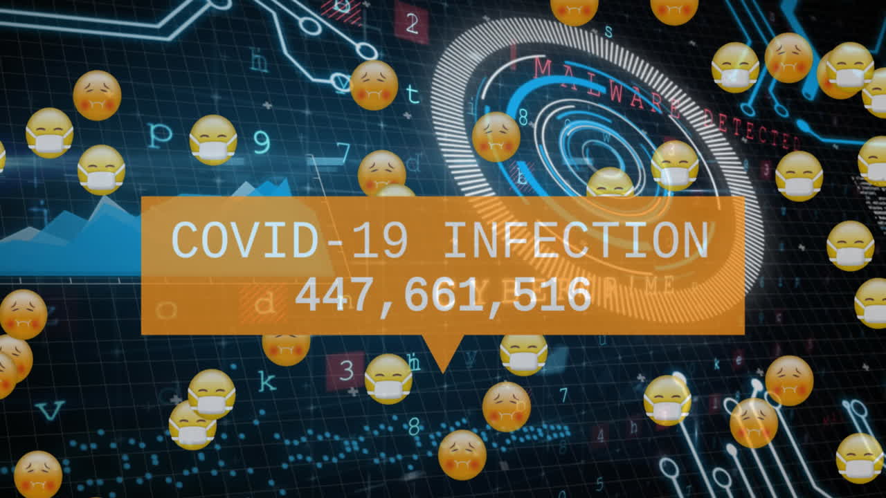 animación de emoticones y números de infecciones sobre el procesamiento de datos en el fondo de la marina
