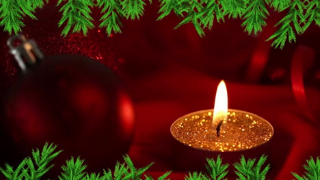 animación de ramas de abetos sobre velas sobre fondo rojo