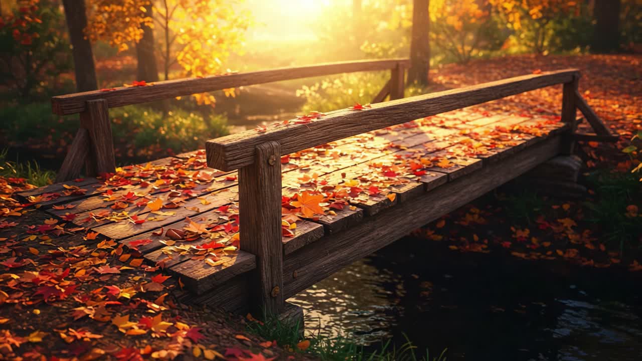 A Serene Autumn Scene: A Wooden Bridge Adorned with Colorful Leaves in a Tranquil Forest Setting Bathed in Golden Light