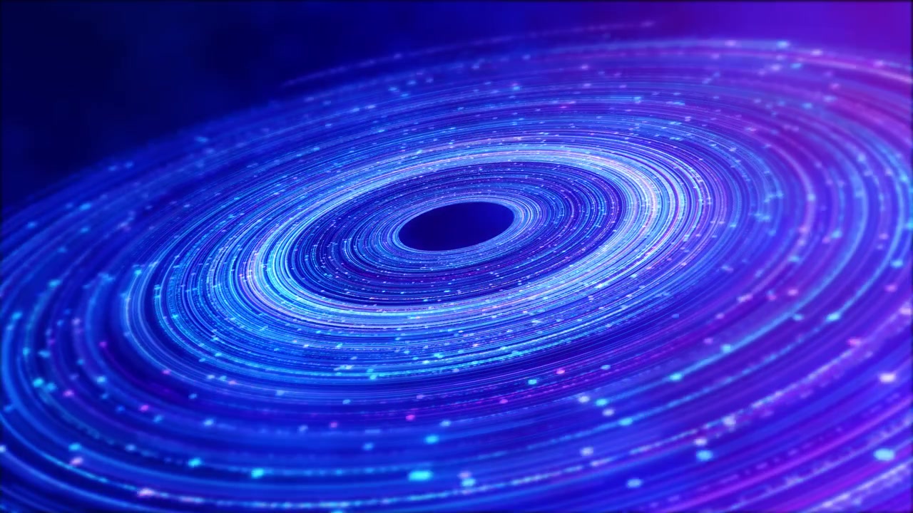 Blue purple spiral ring background with glowing circular trails bright particles and deep futuristic