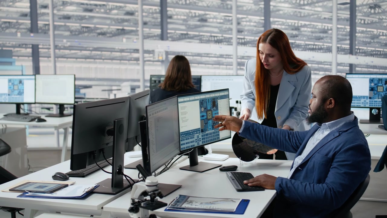 Diverse Engineers Discussing Silicon Wafer in High-Tech Office