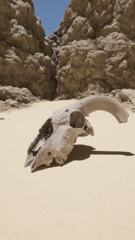 a skull of a desert animal in the sand with a canyon in the background