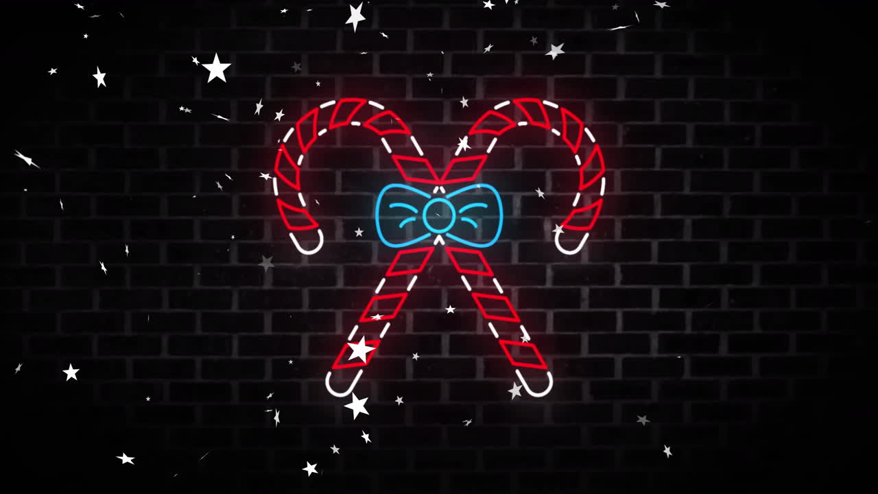 Animation of neon candy canes christmas decoration over stars falling on black background