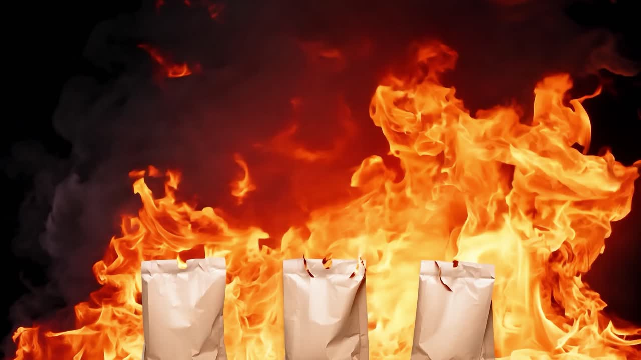강렬한 불꽃 앞에서 불타는 종이 봉투, 극적인 화재 배경에서 charred, 연기로 끝납니다. 불타는 시각 효과에 이상적입니다.