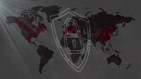 animation of dots forming padlock in shield over lens flares and map on white background