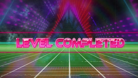 Animation-of-level-completed-over-colorful-lights-in-digital-space