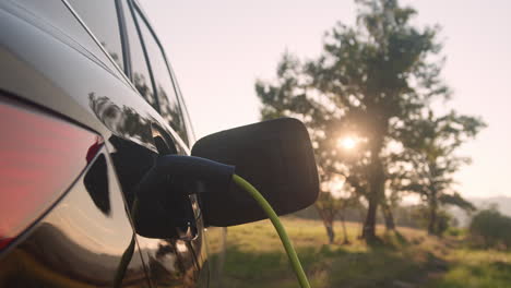 Im-Naturgebiet-Geparktes-Elektroauto-Mit-Angeschlossenem-Kabel-Und-Aufladung