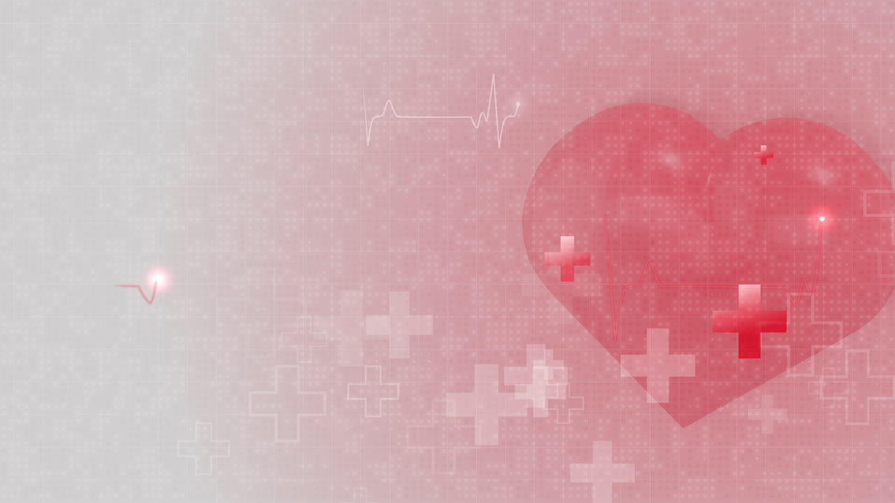 Red beating heart on animated medical background with crosses and cardiogram line. Looped movement of healthcare graphics.