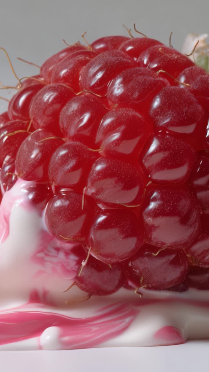 A close-up view of a fresh raspberry coated in a creamy pink mixture, showcasing the glisten of its texture and the smoothness of the sauce below it