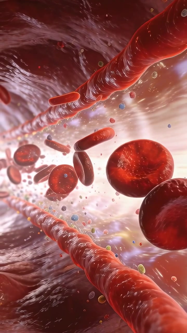 Vertical video: Flowing with pulse, red blood cells rotating through lumen, passing tubular strands